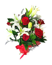 arrangement of lilies and roses