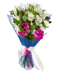 A bouquet of alstroemerias, lisianthuses and anemones